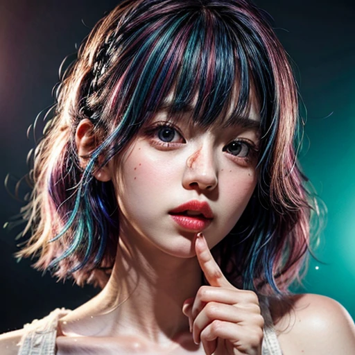(highest quality,Super detailed,Physically Based Rendering:1.2), (RAW, Realistic, Photorealistic:1.37), (Acutance:0.85),Portraiture,Beautiful young woman with Delicate facial features,Soft lighting, ((Playfully licking finger with tongue, Gently placing a finger in the mouth)), (Close-up shot of sensual lips),Cheeks turn slightly red,A gentle and captivating gaze, cute BabyLike finger . Studio gray background, Light Particles, many blurred colorful Lights (dazzling bokeH) . BREAK . (((NOGIZAKA face variations)))  Extremely Detailed very KAWAII face variations, elaborate detailed Eyes with (sparkling highlights:1.2), (Voluminous long eyelashes:0.9)、Glossy RED Lips with beautiful details, Coquettish tongue, Rosy cheeks, Radiant PearlSkin with clear transparency, (Natural:0.7) Detailed FlawlessSkin with glowing DowneyHair . { (Dynamic LifeLike expressions:1.4) | :d) }, (large eyes:-1) . mouth_hold, { PureWhite Hair | Pink Hair | Blue Hair | Red Hair }, ((monotone hair color)) , 