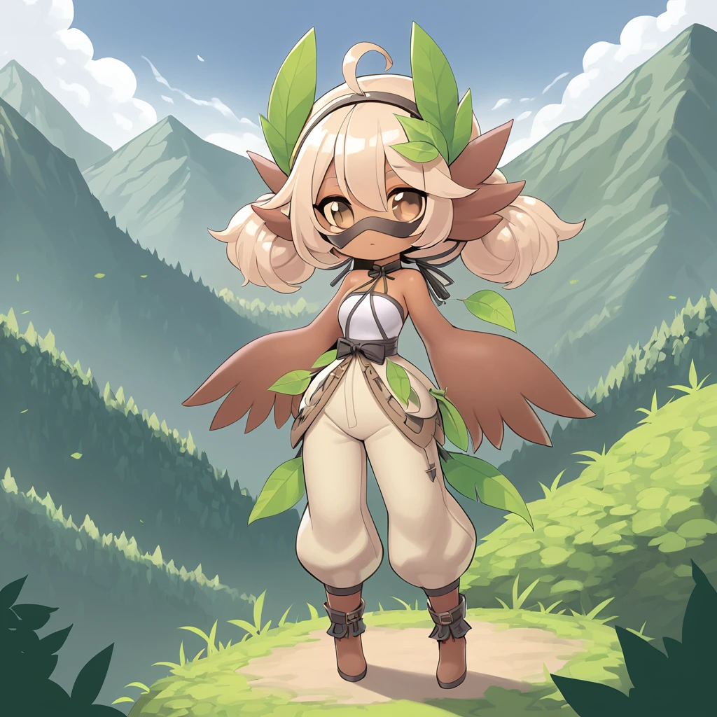 Tengu Monster Girl with light-brown skin a light-tan eye-mask around their eyes and wearing light tan round pants with a green leaf sticking out of their hair on a forest mountain