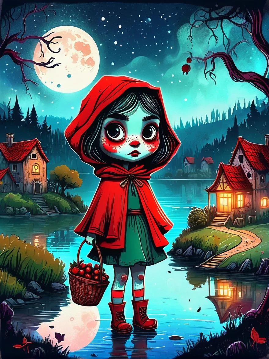 Cartoon hand drawn, 1girl, solo, Cute young charming little red riding hood girl,Strong zombie makeup, A dilapidated village by the lake, a dark forest and a vineyard,Starry nights,Gloomy and foggy atmosphere,The cute absurdity、The attraction and rejection of extraordinary appearance,Magical naive art,Bright blue and green,The color palette is in red, orange and black tones and has a sketchy style, The background should have a simple hand-drawn doodle pattern, 1shxx1