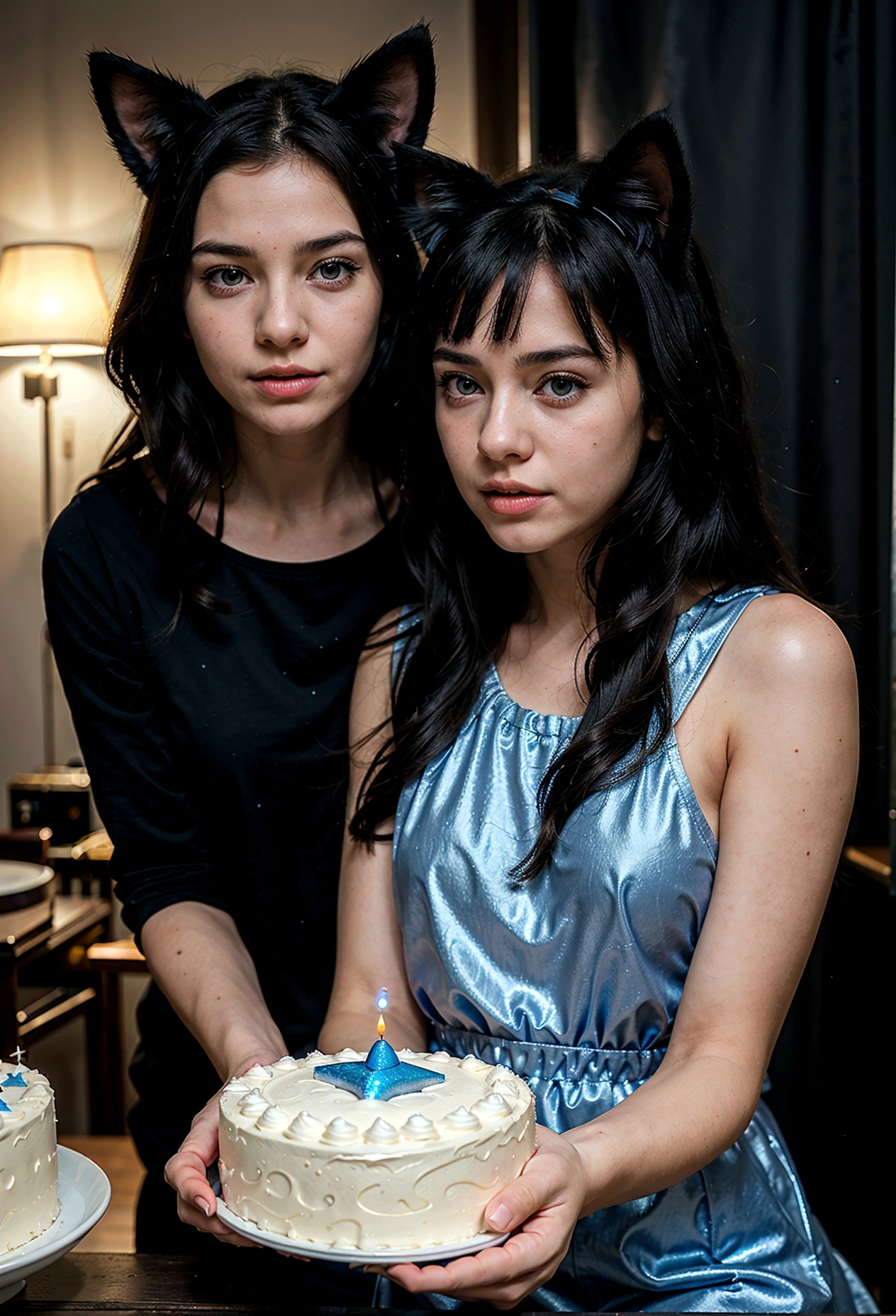 a pale-faced black-haired adolescent girl with cat ears gently petting a blue cosmic cat that creates stars, both looking at a birthday cake, intricate details, cinematic lighting, photorealistic, 8k