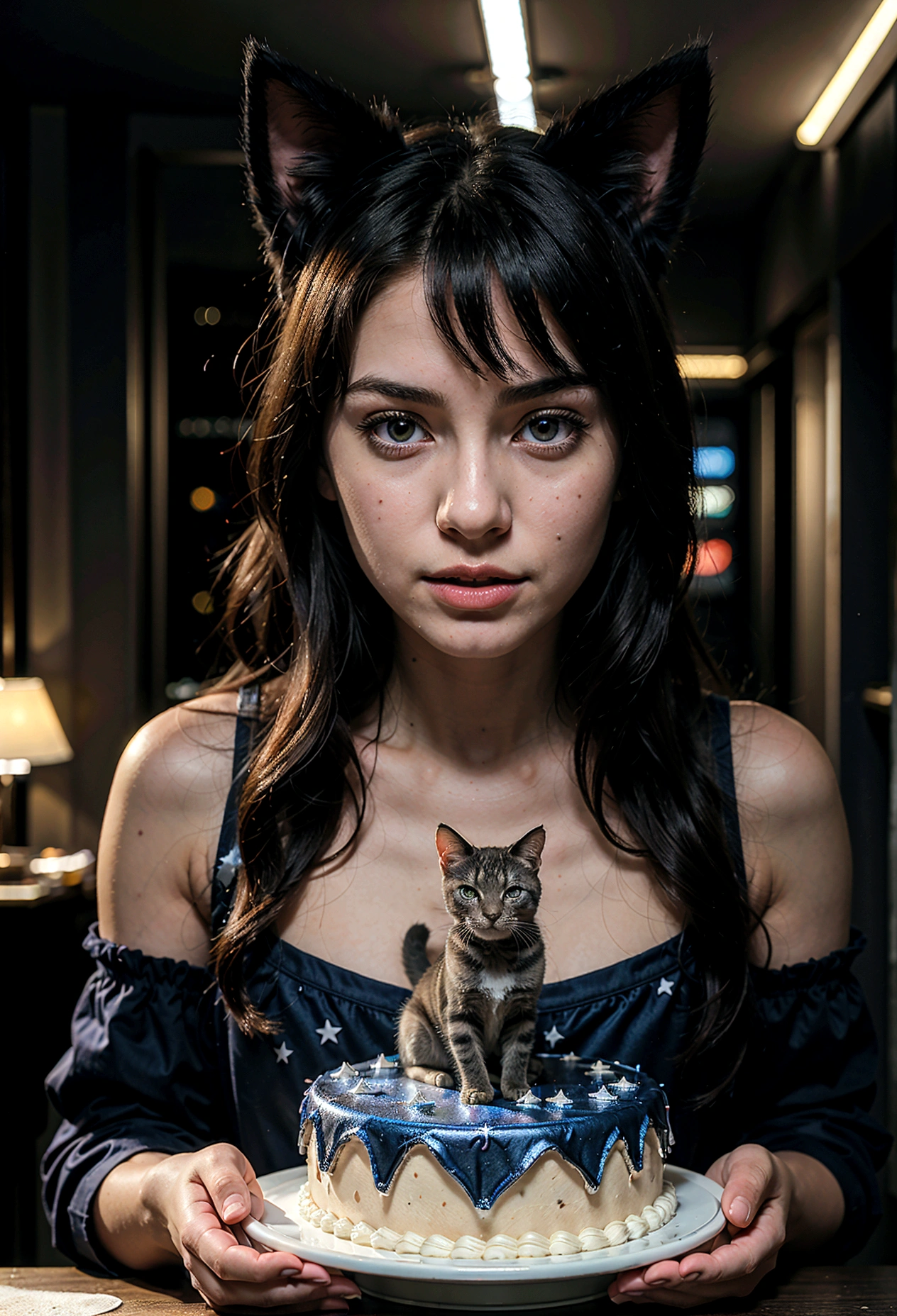 a pale-faced black-haired adolescent girl with cat ears gently petting a blue cosmic cat that creates stars, both looking at a birthday cake, intricate details, cinematic lighting, photorealistic, 8k