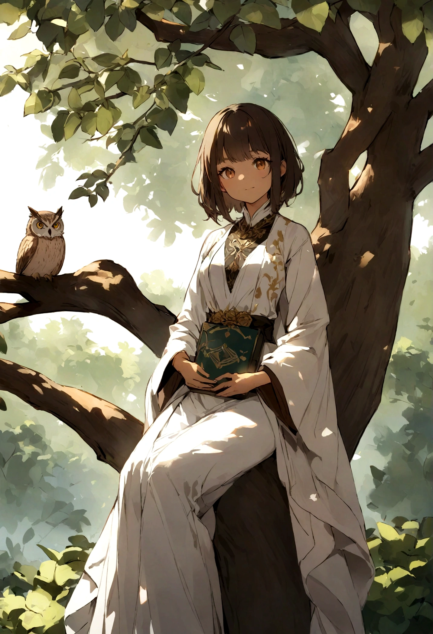 Create image of an owl called iris,
She is white with brown pigmentation and appears to have a lot of wisdom,
Iris was on the branch of a tree with a book by her side, in the background many trees.