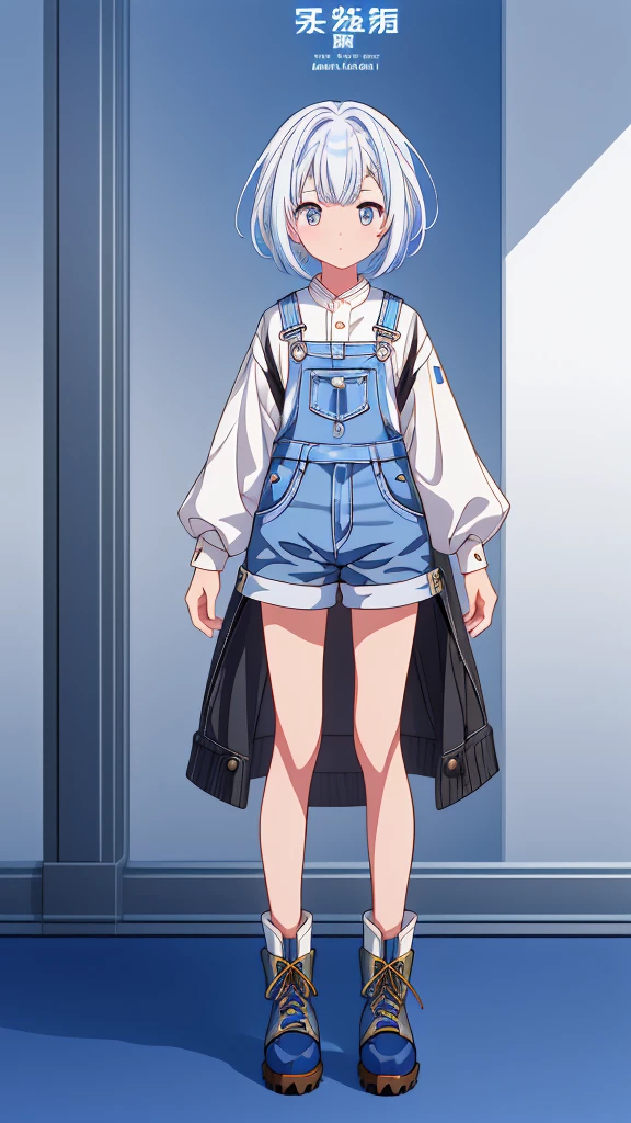 1girl,high-quality anime,highest quality、Masterpiece、Official Art、The best composition、Golden Ratio、Super detailed、ultra detailed, blue and white hair color、Short bangs above eyebrows、Short Hair、Standing in front of the viewer、Pure white simple background、Denim overalls、vtuber-fullbody,Black long boots