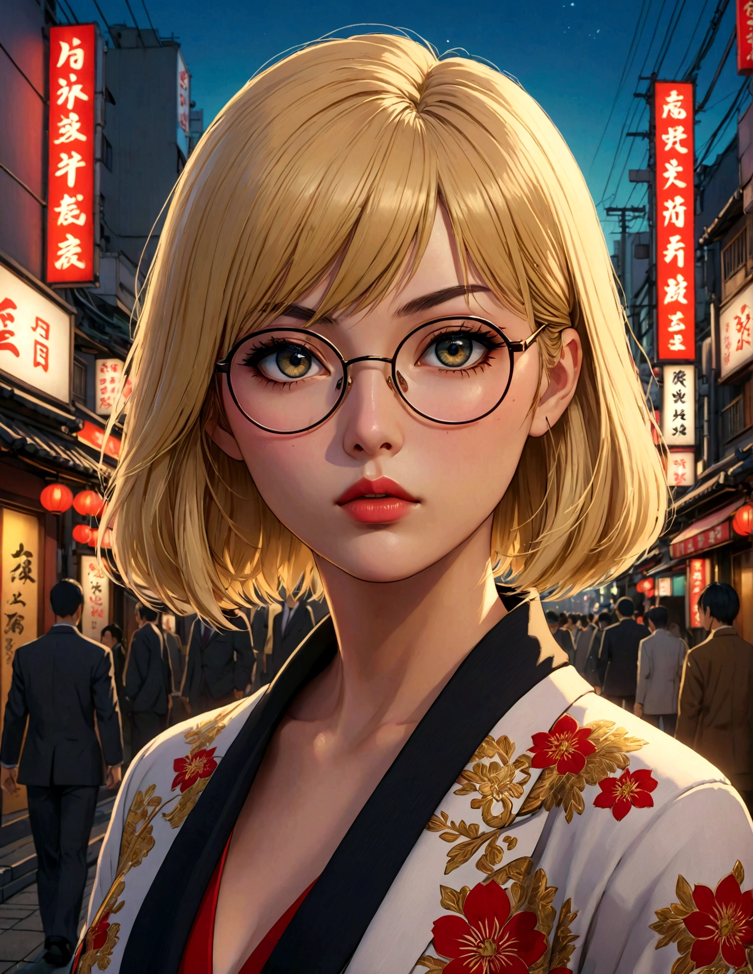 1girl,beautiful detailed eyes,beautiful detailed lips,extremely detailed face and portrait,long eyelashes,bob hairstyle,bangs, blonde hair, yakuza outfit,eyeglasses,outdoor scene, tokyo background, ,beautiful lighting,detailed textures,cinematic composition,vivid colors,highly detailed,intricate details, anime, 8k,masterpiece