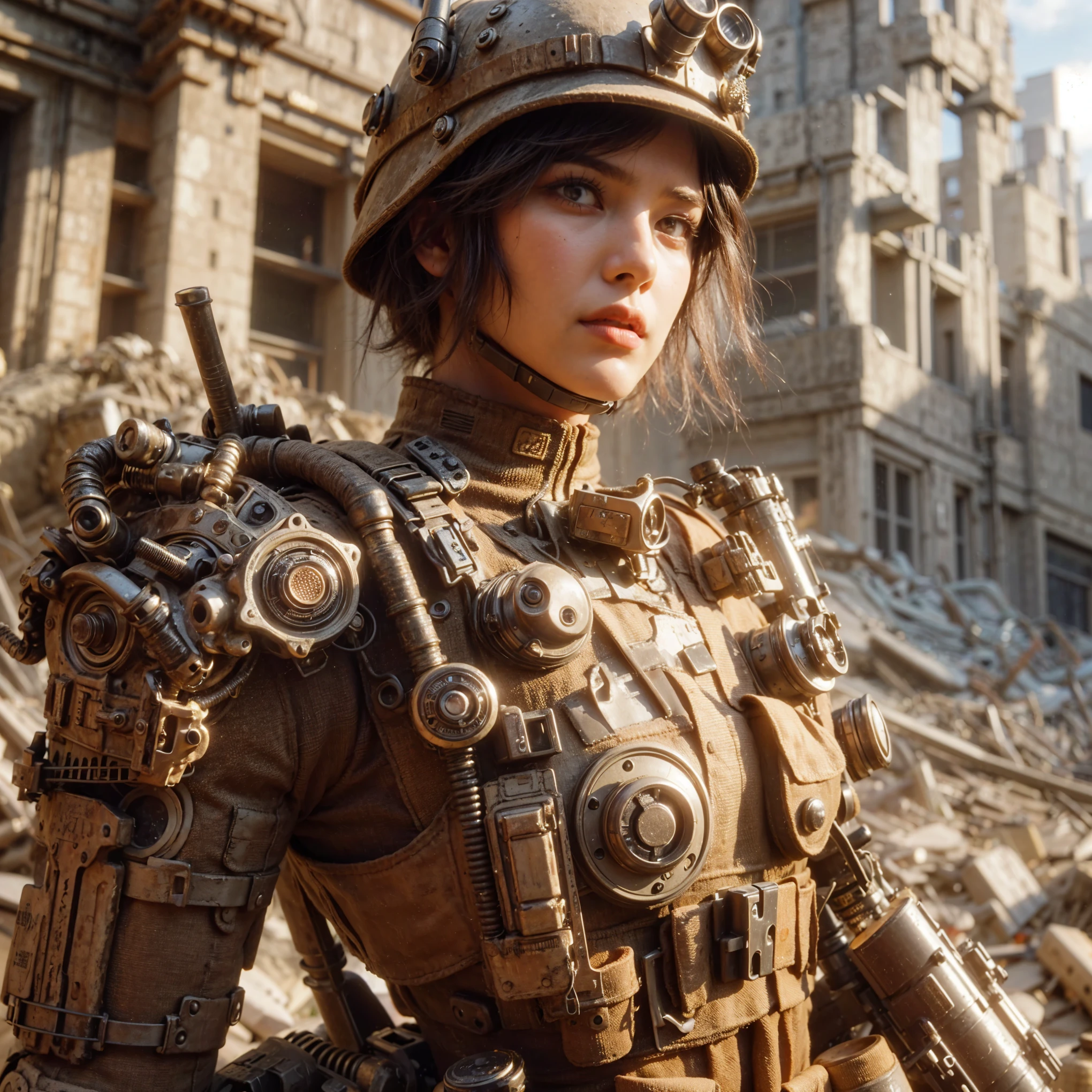 superrealism, ultra high res,8k,(Photorealsitic:1.4), (1950s-like mechanical suit:1.2), Collapsed Cities, heavy weapons,vivid textures,animal legs, gradation hair, Russian female soldier,(ultra beautiful face),((super realistic all textures)), ((super intricate all details)), full body shot, ultra sharp photo result, Olive Drab color, scratch, Rust, weathering, steampunk, taken with Fuji film X-T30+Nokton. HDR10,Minimum of 4 pieces created