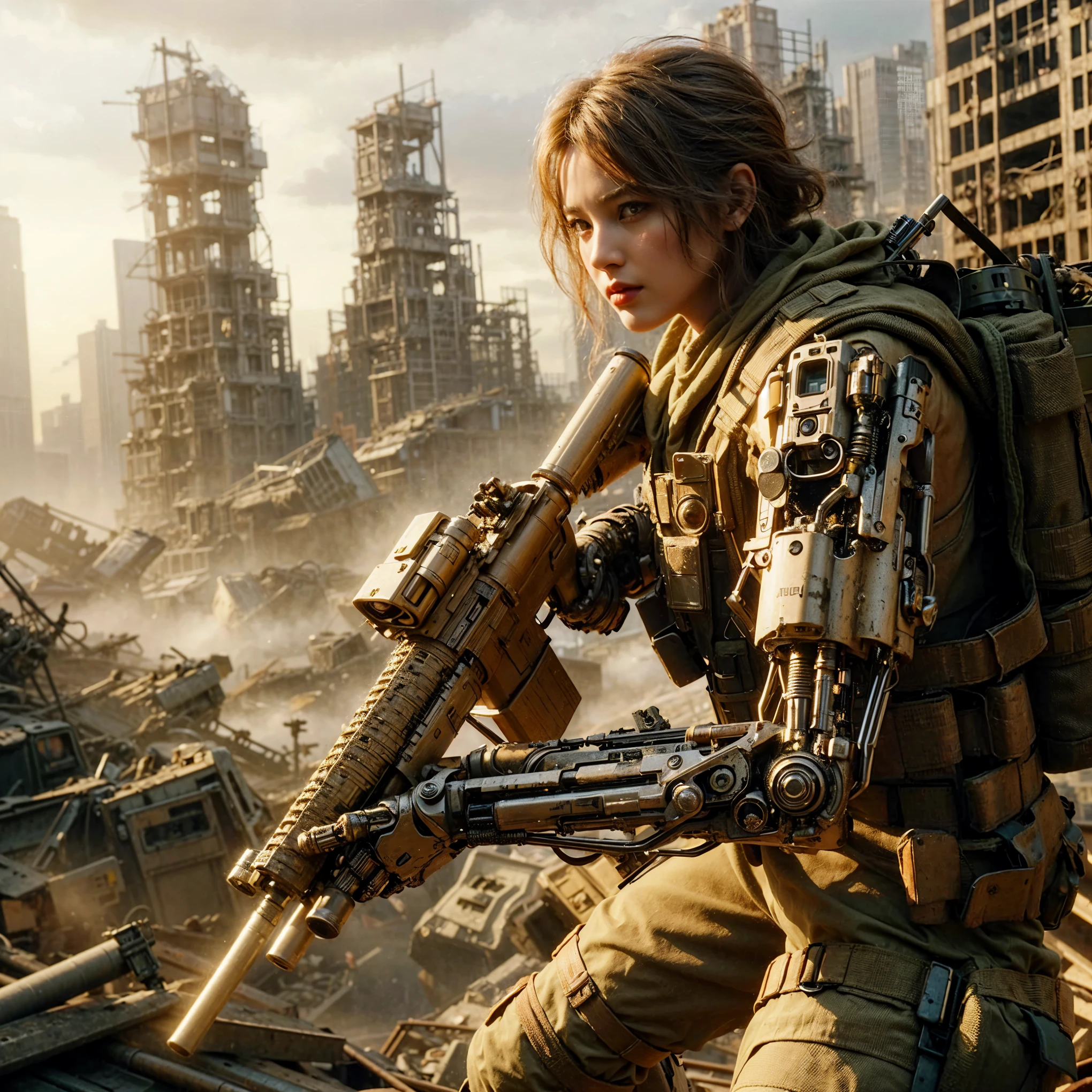 superrealism, ultra high res,8k,(Photorealsitic:1.4), (1950s-like mechanical suit:1.2), Collapsed Cities, heavy weapons,vivid textures,animal legs, gradation hair, Russian female soldier,(ultra beautiful face),((super realistic all textures)), ((super intricate all details)), full body shot, ultra sharp photo result, Olive Drab color, scratch, Rust, weathering, steampunk, taken with Fuji film X-T30+Nokton. HDR10,Minimum of 4 pieces created