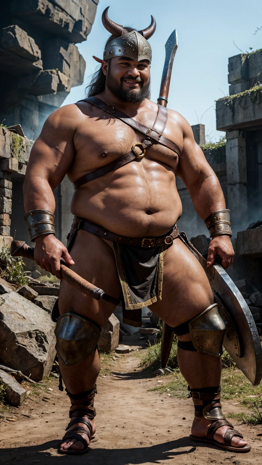 looking at me, face focus, a fat gentle barbarian, mid combat, He is a fierce fat barbarian, intense battle scene, leather armor, viking helmet, holding a double edged ancient legendary axe, legs exposed from thighs to feet, fierce, battleground background, Standout features include a prominent nose and thick eyebrows, bald, masterpiece, volumetric lighting, Dramatic, Uighur the Warden, ((ultra sharp)), ((masterpiece)), ((best quality)), ((ultra detailed)), ((intricate details)), Inguinal region detailed, Dilapidated, smirking of satisfaction,