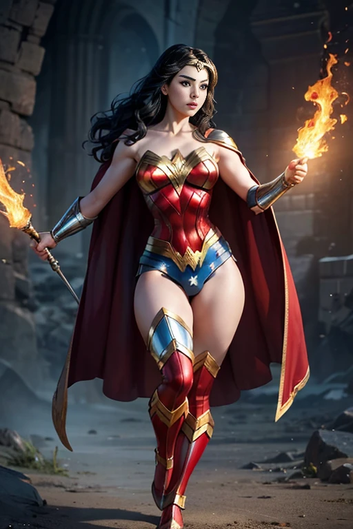 Natural Beauty,(Masterpiece),(Emilia Clarke),(Accurate Face Proportion),(Black Hair),(Wonder Woman Tiara),(Classic Wonder Outfit(red, blue, golden and silver)), Vibrant colour tone,(Full Body View Visible),(Athletic Physique),(Wide Hips),(Toned Arms and Legs), Victory Pose with Emphasis on Buttocks: With her golden lasso held high and her other fist raised, the tight suit hugs Wonder Woman's figure, particularly accentuating the curves of her buttocks. The back view showcases the detailed fit of her costume, highlighting her strong legs and confident stance, while her cape flows behind her.