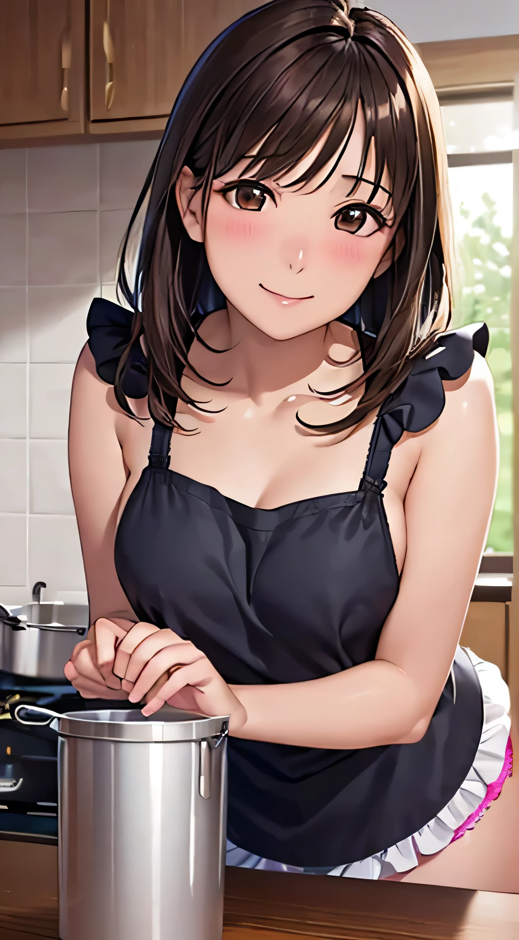 ((Tabletop, highest quality, High resolution, , Pixel Perfect, 4K,))), 1. Beautiful woman, private teacher、The whole body is visible、 ((Mid-wave hair, bangs, Brown Hair)), ((Brown eyes, Beautiful eyelashes, Realistic eyes)), ((Detailed face, Blushing:1.2)), ((Smooth texture:0.75, Realistic texture:0.65, Realistic:1.1, Anime CG Style)), Center of chest, Dynamic Angle, Perfect body, (( , ,  No bra、Frill apron, 、)), Cooking in the kitchen、、Very embarrassing panic smile, 、Leaning forward、The wind is blowing and my underwear is completely visible、place both hands on the table、、(White and pink floral lace panties)、Angle from below)、