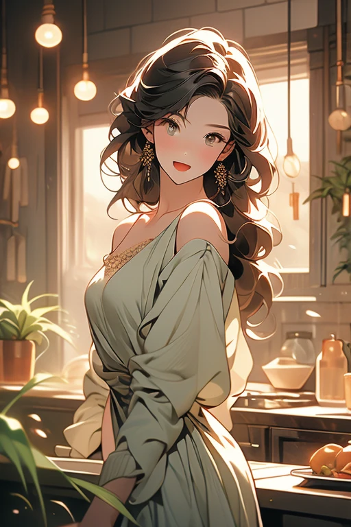 (small breasts:1.3), (perky chest:1.1), (pointed chest:1.0), (fashion magazine cover:1.3)，(from below:1.0),(from side:0.9),masterpiece, 1girl, Amazing Cleavage:1.1, thin waist, big ass, Raised sexy, small breast: 1.3, posed cleavage:1.2、solo, looking at viewer, open mouth, have a cute grass of cute beergrass,black hair, dark green eyes, dress, bare shoulders, jewelry, collarbone, sidelocks, hairband, earrings, indoors, off shoulder, :o, sweater, arms behind back, plant, short hair with long locks, gild hairband, off-shoulder dress, sweater dress, off-shoulder sweater, red sweater, dark gord hair, big side hair, very long side hair,is rendered in (masterpiece: 1.2, best quality), with (ultra high resolution) and an exquisite (depth of field). This masterpiece is not only visually stunning but also tells,A scene of cooking in the kitchen by classroom
