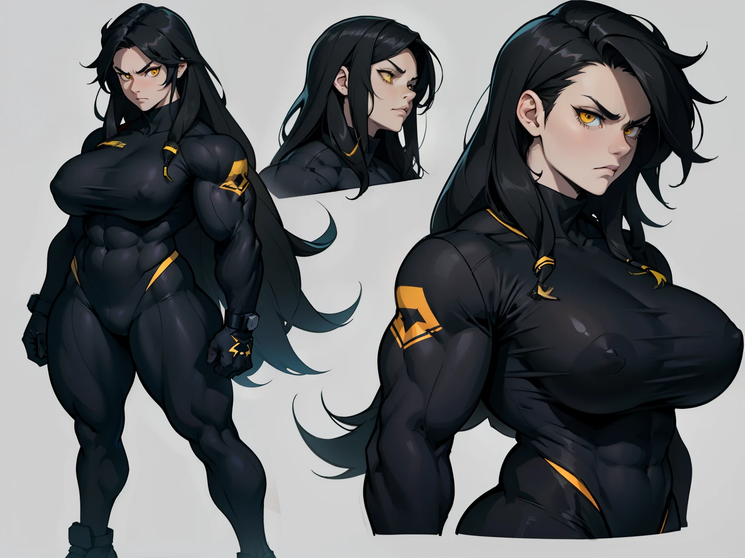 (bodybuilder) pale skin yellow eyes black hair very long hair 1girl huge breasts dark atmosphere thick thighs grey background tight clothes angry multiple views