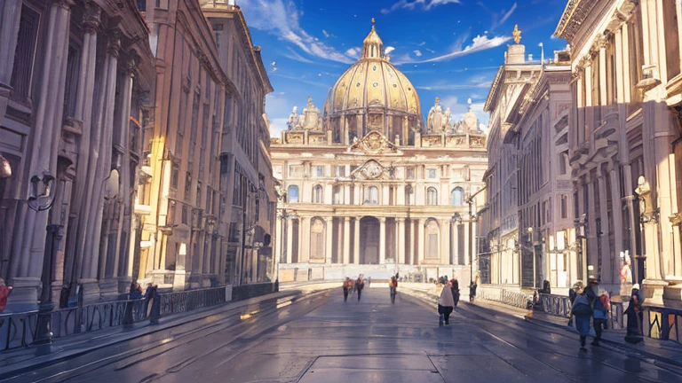 backgroundSt. Peter's Basilica in Vatican City, children's book style, simple, fullcolor, 2d background, with background characters from the era without taking center stage, front view, ancient basilica, 1600s