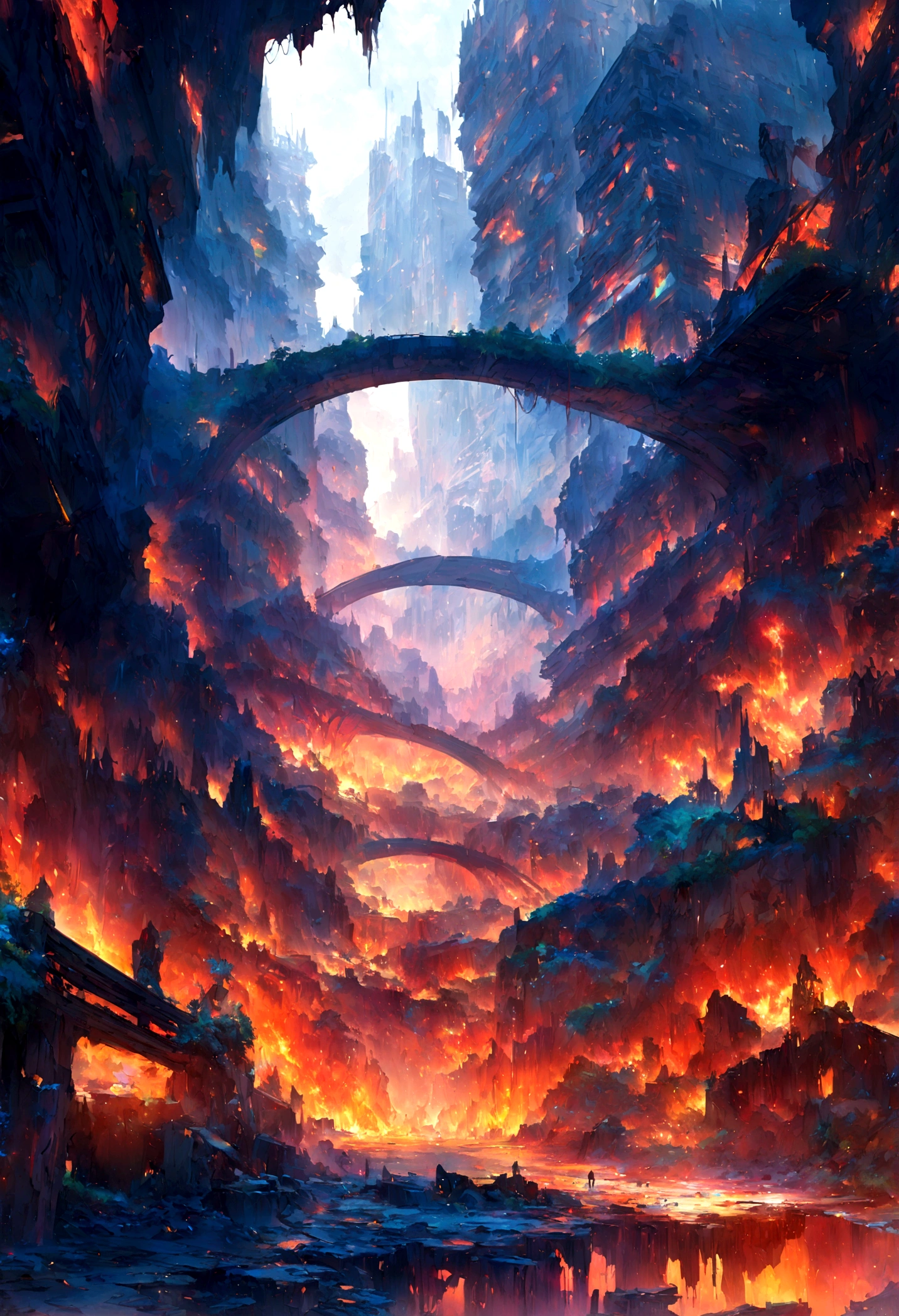 A dystopian cityscape comes to life in a mesmerizing tableau, with skyscrapers ablaze and crumbling in the foreground. This vivid scene, captured in a striking digital painting, showcases a juxtaposition of futuristic architecture and ruin, creating a hauntingly beautiful image that is both evocative and thought-provoking. The attention to detail and vibrant colors make this a truly mesmerizing piece of art.