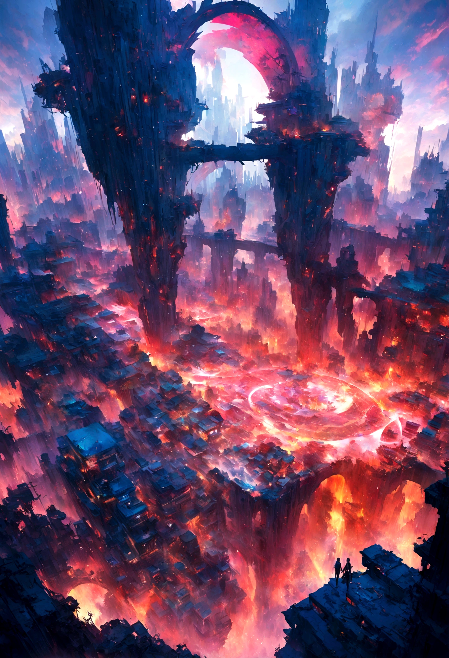 A dystopian cityscape comes to life in a mesmerizing tableau, with skyscrapers ablaze and crumbling in the foreground. This vivid scene, captured in a striking digital painting, showcases a juxtaposition of futuristic architecture and ruin, creating a hauntingly beautiful image that is both evocative and thought-provoking. The attention to detail and vibrant colors make this a truly mesmerizing piece of art.