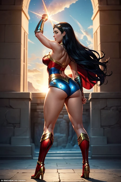 Natural Beauty,(Masterpiece),(Emilia Clarke),(Accurate Face Proportion),(Black Hair),(Wonder Woman Tiara),(Classic Wonder Outfit(red, blue, golden and silver)), Vibrant colour tone,(Full Body View Visible),(Athletic Physique),(Wide Hips),(Toned Arms and Legs), Victory Pose with Emphasis on Buttocks: With her golden lasso held high and her other fist raised, the tight suit hugs Wonder Woman's figure, particularly accentuating the curves of her buttocks. The back view showcases the detailed fit of her costume, highlighting her strong legs and confident stance, while her cape flows behind her.