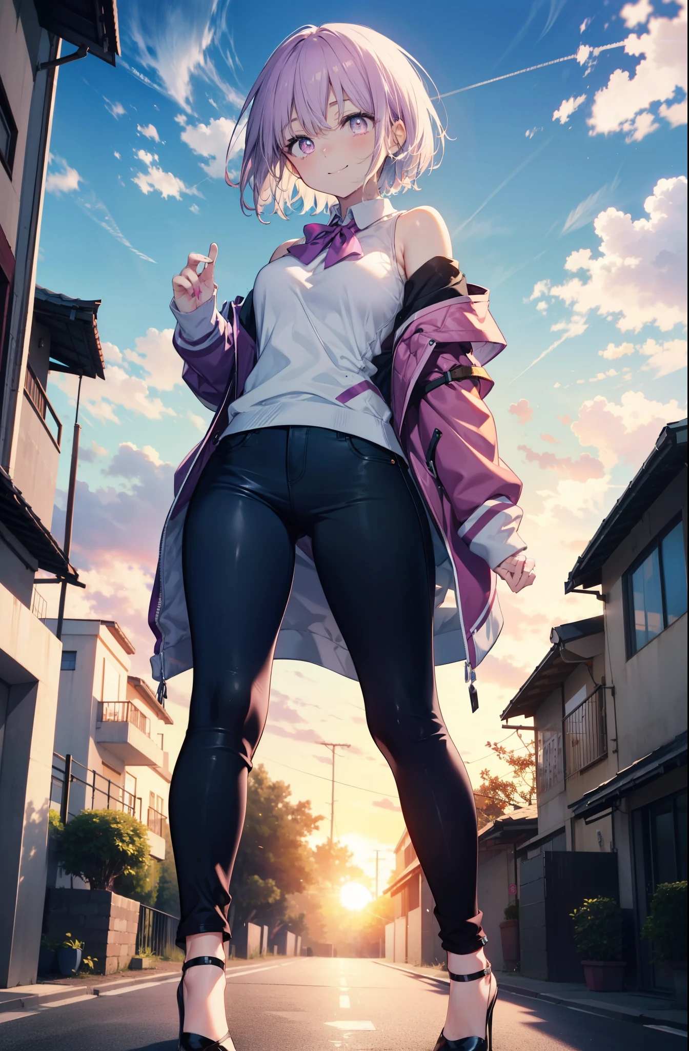 akaneshinjou, shinjou akane, Light purple hair, (Pink Eyes:1.2), short hair,hair band,Cold shoulder tops,skinny pants,Stiletto heels,walking,morning,morning陽,The sun is rising,whole bodyがイラストに入るように,happy smile, smile, Close your mouth,
 break looking at viewer,whole body,               　　　　　　　 break outdoors ,Residential Street, 　　　　　　　　　　　break (masterpiece:1.2), highest quality, High resolution, unity 8k wallpaper, (shape:0.8), (Beautiful and beautiful eyes:1.6), Highly detailed face, Perfect lighting, Extremely detailed CG, (Perfect hands, Perfect Anatomy),