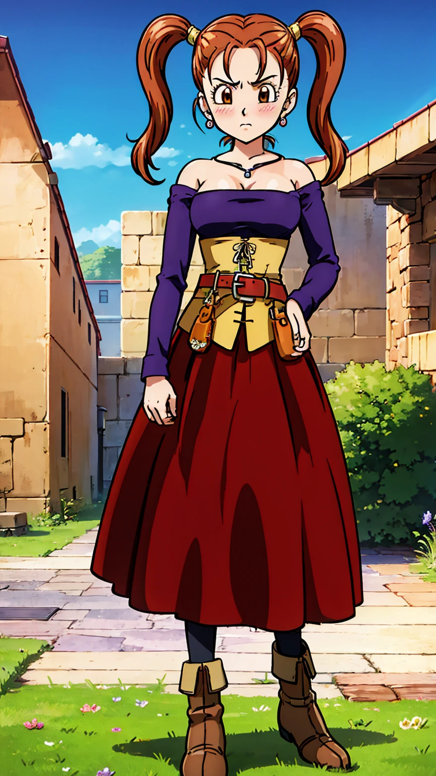 masterpiece,best quality,highres,ultra-detailed,aajessica,brown eyes,long hair,twintails,earrings,necklace,strapless dress,purple shirt,long sleeves,corset,belt,red skirt,long skirt,frills,black pantyhose,boots,blush,(embarrass:1.2),outdoors