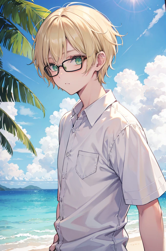 Blonde Short Hair Brown and green eyes Odd Eye Black-rimmed glasses Handsome male White shirt blue sea White sand beach Light of the sun