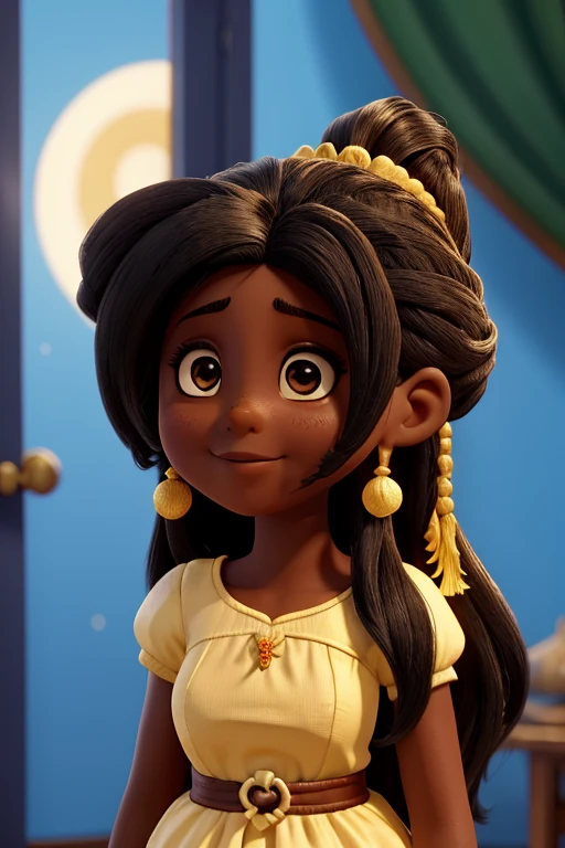 Garota de ,pele parda,cabelo liso e preto, com franja longa na altura da orelha,com um sinal abaixo do nariz