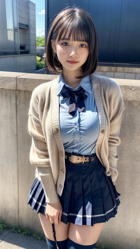 masterpiece, best quality, illustration, Super detailed, fine details, High resolution, 8K,wall paper, perfect dynamic composition,(Details High quality, realistic depiction of eyes:1.3), High School Classroom、High school girl uniform、Cardigan、Super Short Check Uniform Skirt、Navy blue high socks、garterbelts、Colossal tits、Disturbed uniform、short bob hair, black hair color, Big Natural Color Lip, bold sexy pose, (perfect body shape), crying a little、Harajuku style、20 year old girl、cute type, beautiful legs, hposing Gravure Idol, Voluptuous thighs