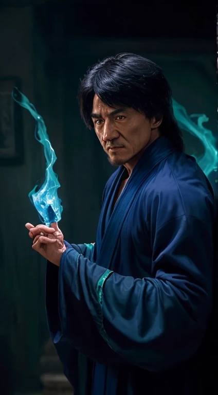 actor ((Jackie Chan)) Shang Tsung, Mortal Kombat, ((old)), spooky, ((beard)), Dark blue long robe, Green transparent soul on background, complicated, High detail, Sharp focus, dramatic, Photorealistic Paintings by Greg Rutkowski, Being drunk, Kick,