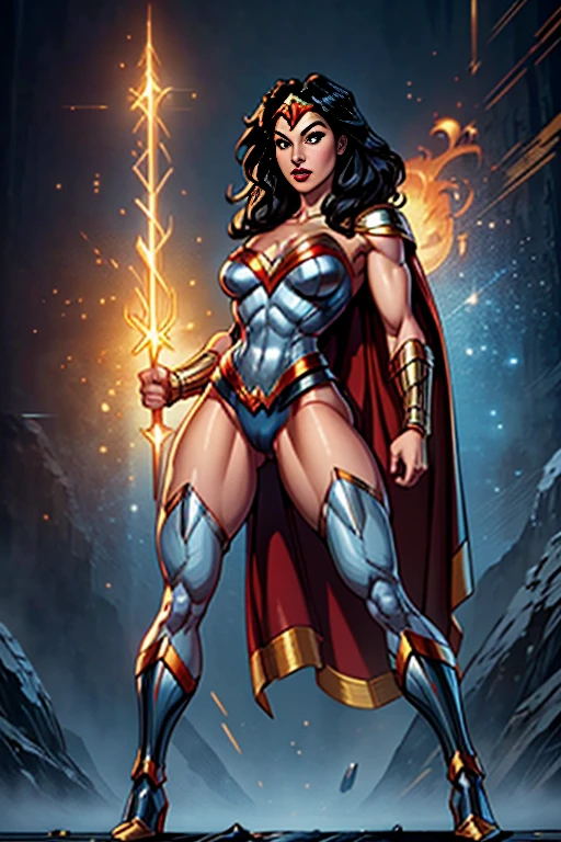 Natural Beauty,(Masterpiece),(Emilia Clarke),(Accurate Face Proportion),(Black Hair),(Wonder Woman Tiara),(Classic Wonder Outfit(red, blue, golden and silver)), Vibrant colour tone,(Full Body View Visible),(Athletic Physique),(Wide Hips),(Toned Arms and Legs), Victory Pose with Emphasis on Buttocks: With her golden lasso held high and her other fist raised, the tight suit hugs Wonder Woman's figure, particularly accentuating the curves of her buttocks. The back view showcases the detailed fit of her costume, highlighting her strong legs and confident stance, while her cape flows behind her.