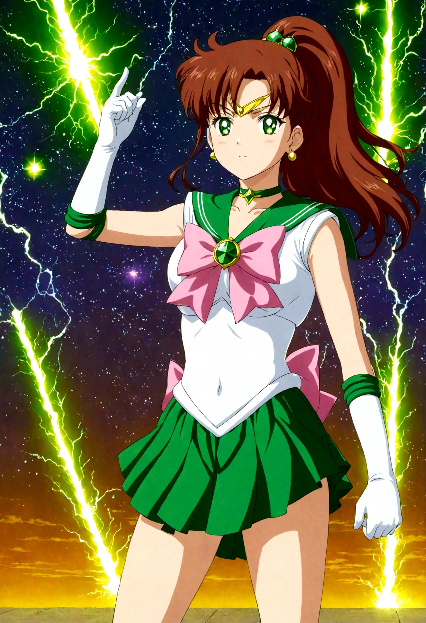 Sailor Jupiter bringing the thunder! masterpiece, best quality, 1girl, solo, looking at viewer, facing viewer, night, anime screencap,1990s \(style\), (art by Naoko Takeuchi), EPsmSailorJupiter, green eyes, brown hair, long hair, ponytail, hair ornament, hair bobbles, brooch, heart brooch, jewelry, tiara, choker, green choker, star choker, skirt, green skirt, pleated skirt, bow, back bow,  pink bow,  gloves, white gloves, elbow gloves, earrings, sailor collar, star (symbol), green sailor collar, sailor senshi uniform, cleavage, determined face, arms crossed in the air, standing ready to fight, lighting bolts shooting from her tiara