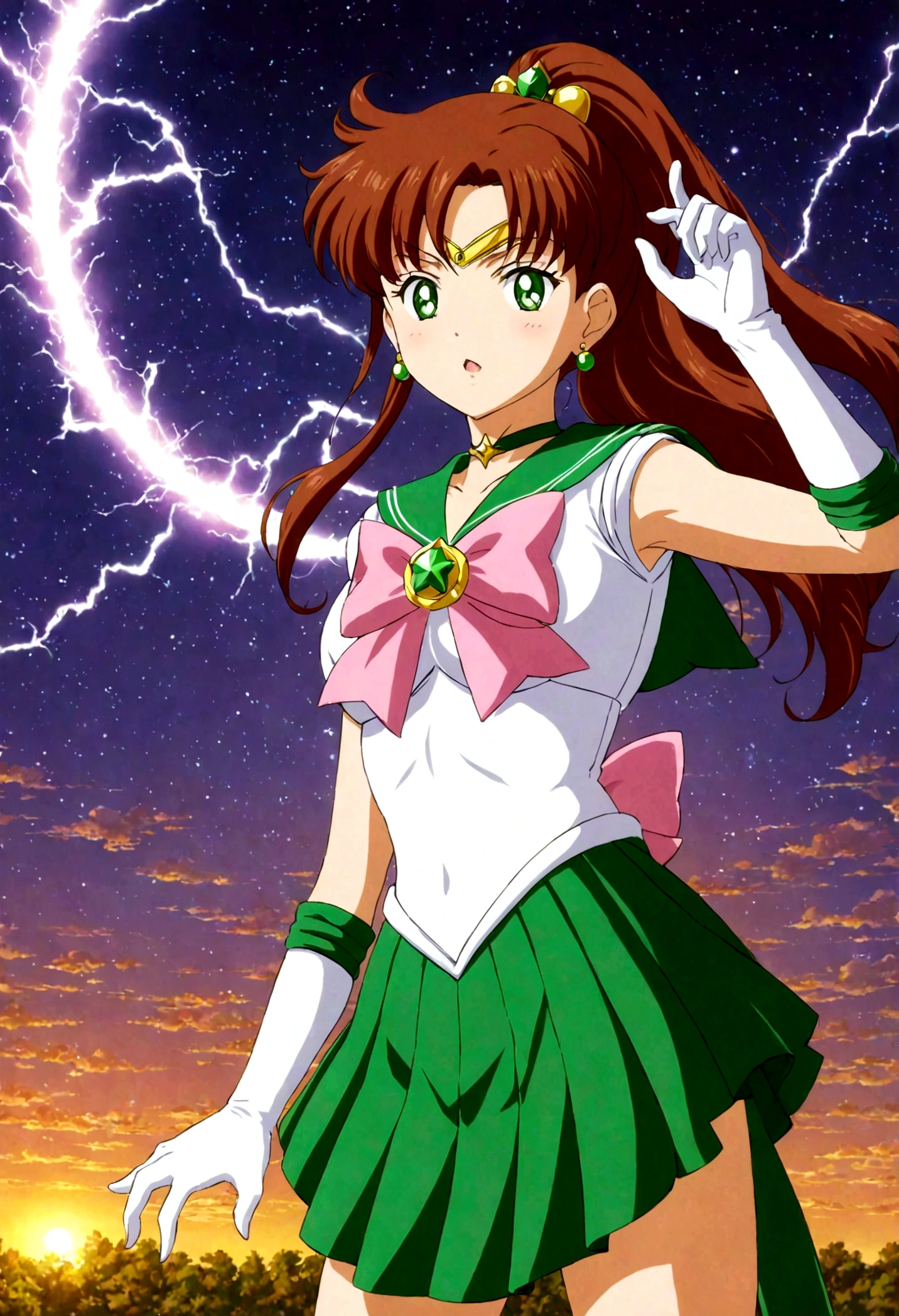 Sailor Jupiter bringing the thunder! masterpiece, best quality, 1girl, solo, looking at viewer, facing viewer, night, anime screencap,1990s \(style\), (art by Naoko Takeuchi), EPsmSailorJupiter, green eyes, brown hair, long hair, ponytail, hair ornament, hair bobbles, brooch, heart brooch, jewelry, tiara, choker, green choker, star choker, skirt, green skirt, pleated skirt, bow, back bow,  pink bow,  gloves, white gloves, elbow gloves, earrings, sailor collar, star (symbol), green sailor collar, sailor senshi uniform, cleavage, determined face, arms crossed in the air, standing ready to fight, lighting bolts shooting from her tiara