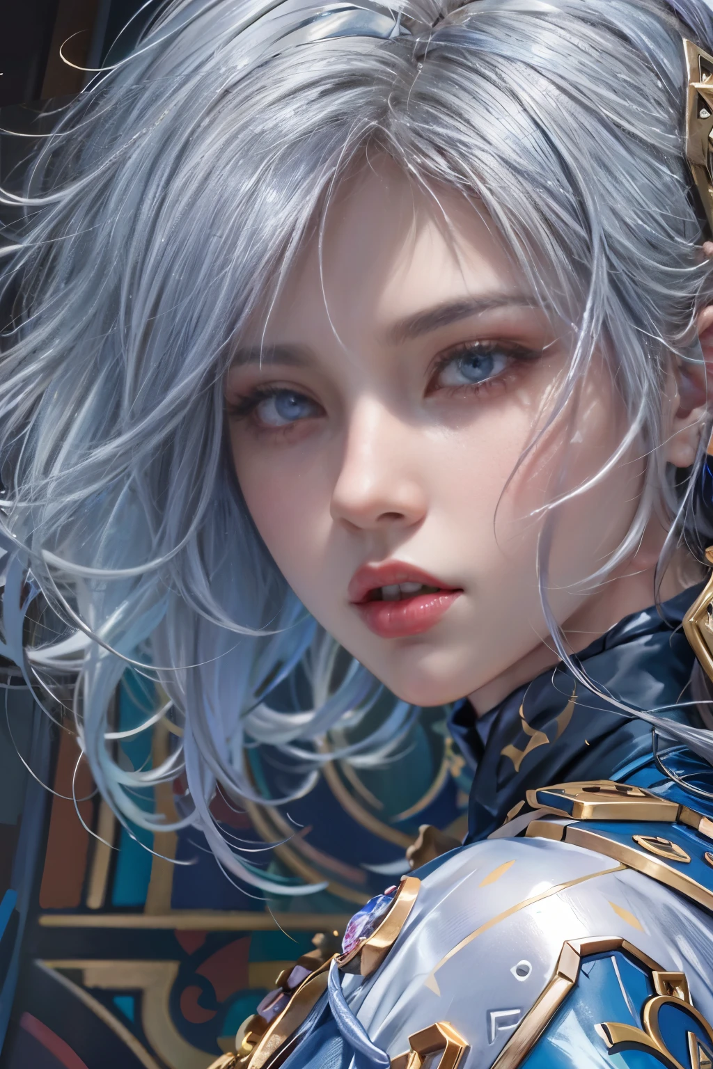 A dynamic series of paintings depicting a silver-haired, blue-eyed warrior girl., 8k, 超High resolution, Super detailed, High resolution,(Well designed face), Great face, (Very detailed), Beautiful Eyes, Soft lighting,, Outdoor, street,, URUSHISATO,1980s,, Beautiful fine details,Machinery Parts, Asymmetrical Hair,Thigh-high socks, Latex suit,Cleavage, huge firm bouncing bust, dynamic sexy poses