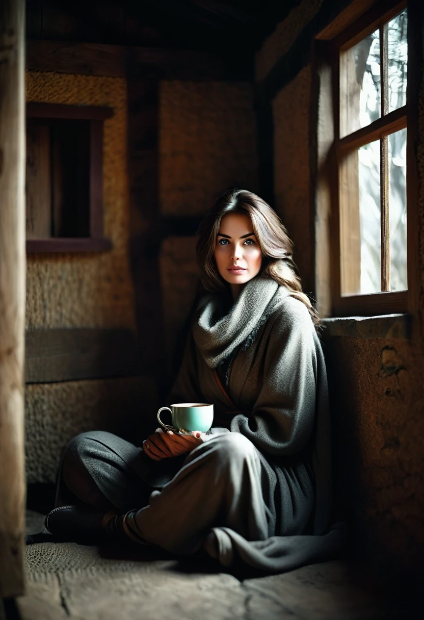 A professional photograph of an enigmatic female figure in a bothy, sitting on a nook with a cup of hot tea, looking at viewer with a mysterious eyes, awkward encounter, masterpiece photoshoot, realistic style, low key, shallow depth of fields