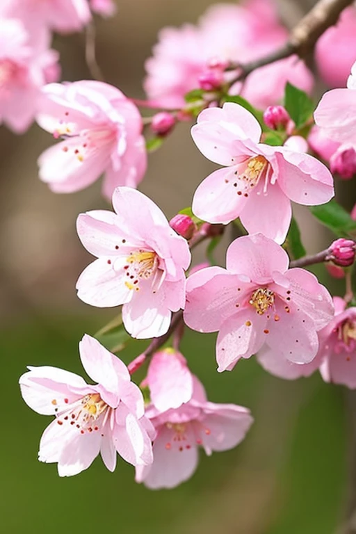 Pink cherry blossom tree, beautiful, clearly visible flowers with dew drops.