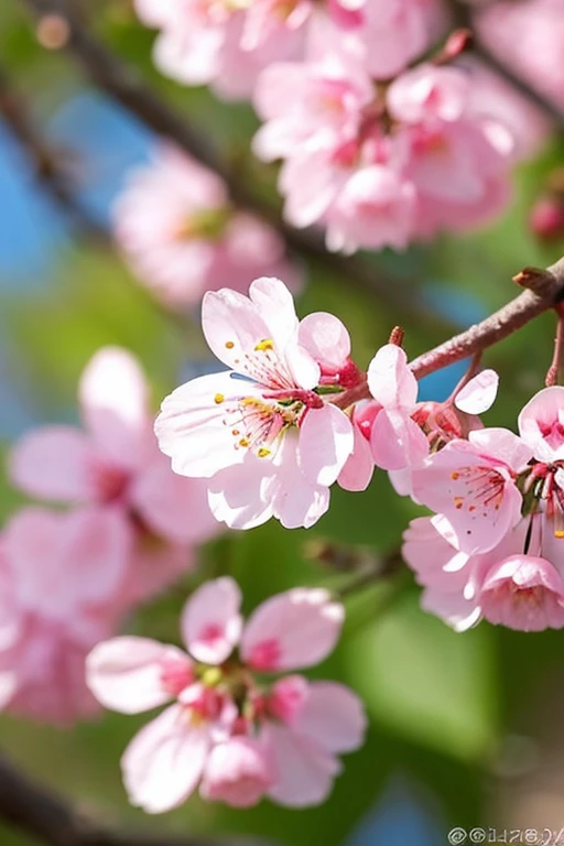 Pink cherry blossom tree, beautiful, clearly visible flowers with dew drops.