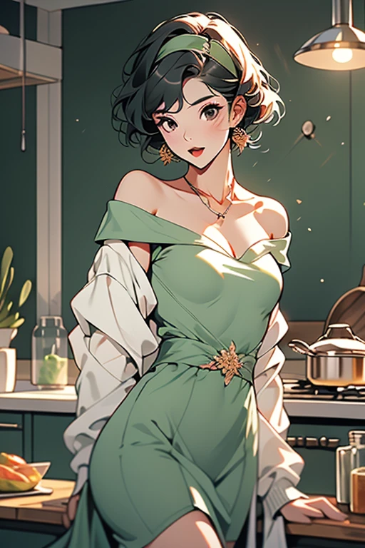 (small breasts:1.3), (perky chest:1.1), (pointed chest:1.0), (fashion magazine cover:1.3),(from below:1.0),(from side:0.9),masterpiece, 1girl, Amazing Cleavage:1.1, thin waist, big ass, Raised sexy, small breast: 1.3, posed cleavage:1.2、solo, looking at viewer, open mouth, have a cute grass of cute beergrass,black hair, dark green eyes, dress, bare shoulders, jewelry, collarbone, sidelocks, hairband, earrings, indoors, off shoulder, :o, sweater, arms behind back, plant, short hair with long locks, gild hairband, off-shoulder dress, sweater dress, off-shoulder sweater, red sweater, dark gord hair, big side hair, very long side hair,is rendered in (masterpiece: 1.2, best quality), with (ultra high resolution) and an exquisite (depth of field). This masterpiece is not only visually stunning but also tells,A scene of cooking in the kitchen by classroom