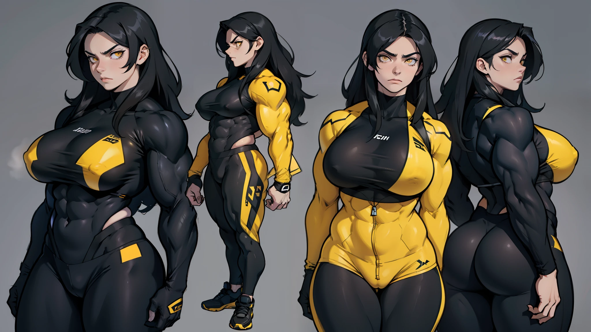 (bodybuilder) pale skin yellow eyes black hair very long hair 1girl huge breasts dark atmosphere thick thighs grey background tight clothes angry multiple views multiple views