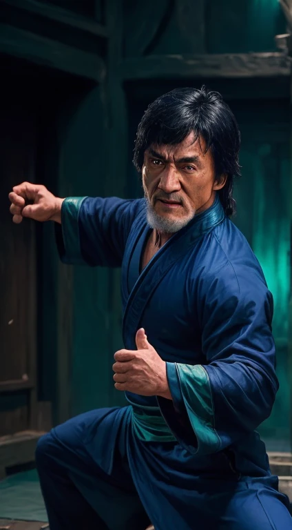 actor ((Jackie Chan)) Shang Tsung, Mortal Kombat, ((old)), spooky, ((beard)), Dark blue long robe, Green transparent soul on background, complicated, High detail, Sharp focus, dramatic, Photorealistic Paintings by Greg Rutkowski, Being drunk, Kick,((Fighting Pose)),