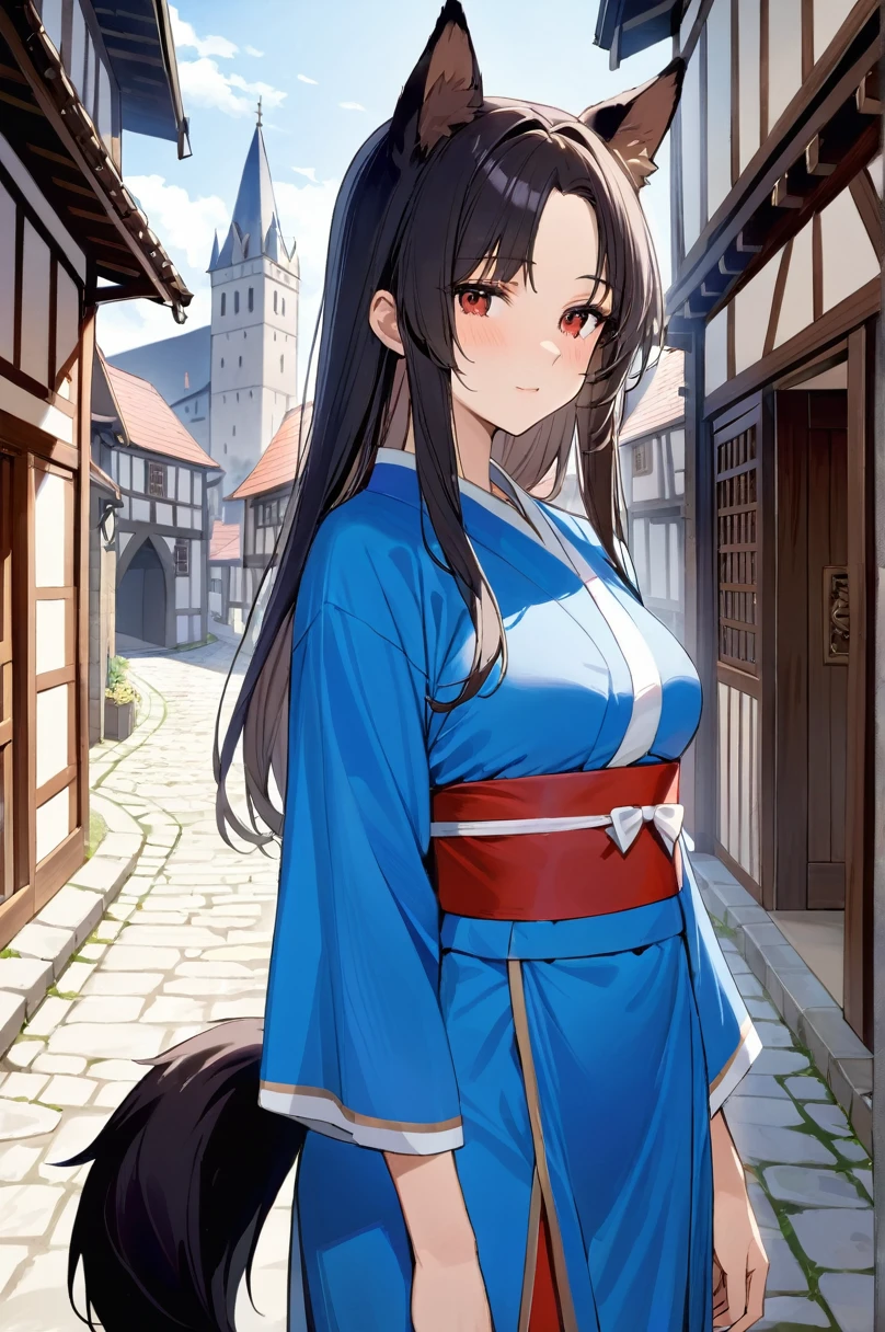 1girl, solo, ahoge, black hair, dog ears, dog tail, medieval city, closed mouth, dot nose, blue kimono, parted bangs, red eyes, long hair, sidelocks, masterpiece, best quality