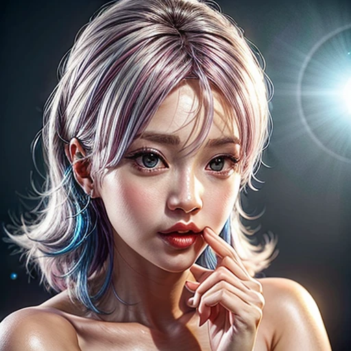 (highest quality,Super detailed,Physically Based Rendering:1.2), (RAW, Realistic, Photorealistic:1.37), (Acutance:0.85),Portraiture,Beautiful young woman with Delicate facial features,Soft lighting, ((Playfully licking finger with tongue, Gently placing a finger in the mouth)), (Close-up shot of sensual lips),Cheeks turn slightly red,A gentle and captivating gaze, cute BabyLike finger . Studio gray background, Light Particles, many blurred colorful Lights (dazzling bokeH) . BREAK . (((NOGIZAKA face variations))) Extremely Detailed very KAWAII face variations, elaborate detailed Eyes with (sparkling highlights:1.2), (Voluminous long eyelashes:0.9)、Glossy RED Lips with beautiful details, Coquettish tongue, Rosy cheeks, Radiant PearlSkin with clear transparency, (Natural:0.7) Detailed FlawlessSkin with glowing DowneyHair . { (Dynamic LifeLike expressions:1.4) | :d) }, (large eyes:-1) . mouth_hold, { PureWhite Hair | Pink Hair | Blue Hair | Red Hair }, ((multiple colored hair:-1.4)) ,