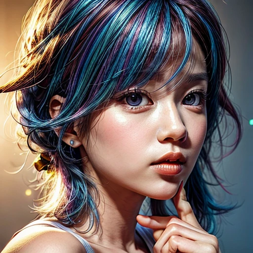 (highest quality,Super detailed,Physically Based Rendering:1.2), (RAW, Realistic, Photorealistic:1.37), (Acutance:0.85),Portraiture,Beautiful young woman with Delicate facial features,Soft lighting, ((Playfully licking finger with tongue, Gently placing a finger in the mouth)), (Close-up shot of sensual lips),Cheeks turn slightly red,A gentle and captivating gaze, cute Like finger . Studio gray background, Light Particles, many blurred colorful Lights (dazzling bokeH) . BREAK . (((NOGIZAKA face variations))) Extremely Detailed very KAWAII face variations, elaborate detailed Eyes with (sparkling highlights:1.2), (Voluminous long eyelashes:0.9)、Glossy RED Lips with beautiful details, Coquettish tongue, Rosy cheeks, Radiant PearlSkin with clear transparency, (Natural:0.7) Detailed FlawlessSkin with glowing DowneyHair . { (Dynamic LifeLike expressions:1.4) | :d) }, (large eyes:-1) . mouth_hold, { PureWhite Hair | Pink Hair | Blue Hair | Red Hair }, ((multiple colored hair:-1.4)) ,