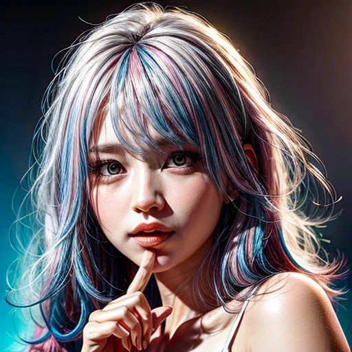 (highest quality,Super detailed,Physically Based Rendering:1.2), (RAW, Realistic, Photorealistic:1.37), (Acutance:0.85),Portraiture,Beautiful young woman with Delicate facial features,Soft lighting, ((Playfully licking finger with tongue, Gently placing a finger in the mouth)), (Close-up shot of sensual lips),Cheeks turn slightly red,A gentle and captivating gaze, cute BabyLike finger . Studio gray background, Light Particles, many blurred colorful Lights (dazzling bokeH) . BREAK . (((NOGIZAKA face variations))) Extremely Detailed very KAWAII face variations, elaborate detailed Eyes with (sparkling highlights:1.2), (Voluminous long eyelashes:0.9)、Glossy RED Lips with beautiful details, Coquettish tongue, Rosy cheeks, Radiant PearlSkin with clear transparency, (Natural:0.7) Detailed FlawlessSkin with glowing DowneyHair . { (Dynamic LifeLike expressions:1.4) | :d) }, (large eyes:-1) . mouth_hold, { PureWhite Hair | Pink Hair | Blue Hair | Red Hair }, ((multiple colored hair:-1.4)) ,