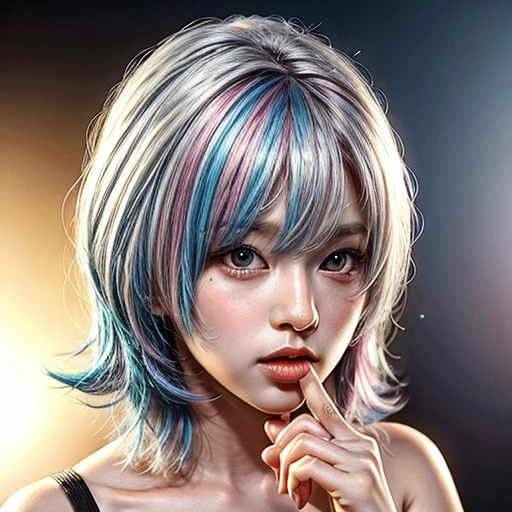 (highest quality,Super detailed,Physically Based Rendering:1.2), (RAW, Realistic, Photorealistic:1.37), (Acutance:0.85),Portraiture,Beautiful young woman with Delicate facial features,Soft lighting, ((Playfully licking finger with tongue, Gently placing a finger in the mouth)), (Close-up shot of sensual lips),Cheeks turn slightly red,A gentle and captivating gaze, cute Like finger . Studio gray background, Light Particles, many blurred colorful Lights (dazzling bokeH) . BREAK . (((NOGIZAKA face variations)))  Extremely Detailed very KAWAII face variations, elaborate detailed Eyes with (sparkling highlights:1.2), (Voluminous long eyelashes:0.9)、Glossy RED Lips with beautiful details, Coquettish tongue, Rosy cheeks, Radiant PearlSkin with clear transparency, (Natural:0.7) Detailed FlawlessSkin with glowing DowneyHair . { (Dynamic LifeLike expressions:1.4) | :d) }, (large eyes:-1) . mouth_hold, { PureWhite Hair | Pink Hair | Blue Hair | Red Hair }, ((multiple colored hair:-1.4)) , 