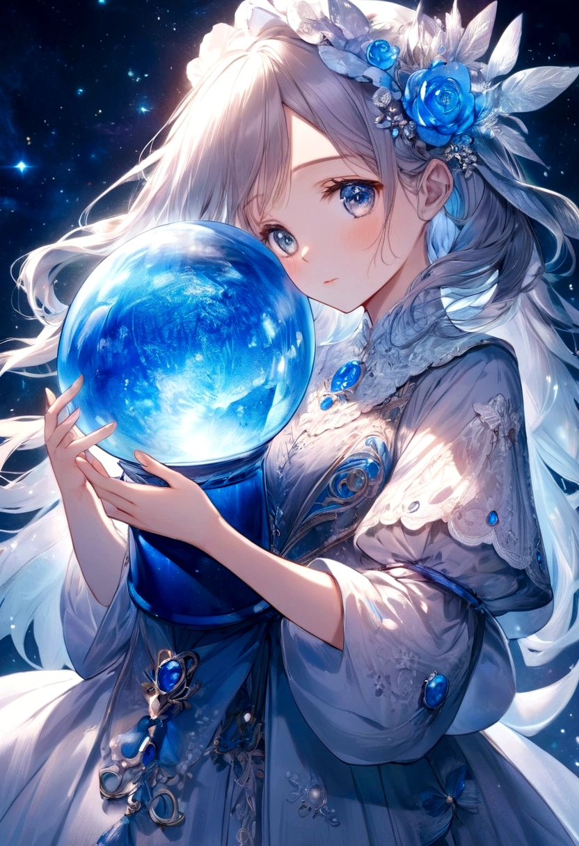 a girl, holding a blue globe with care, cute, feminine, luminescence, fantasy,