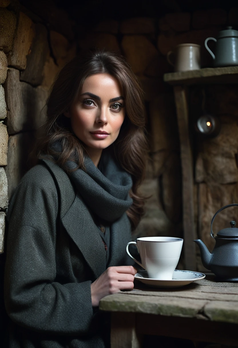 A professional photograph of an enigmatic female figure in a bothy, sitting on a nook with a cup of hot tea, looking at viewer with a mysterious eyes, awkward encounter, masterpiece photoshoot, realistic style, low key, shallow depth of fields