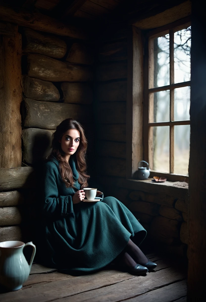 A professional photograph of an enigmatic female figure in a bothy, sitting on a nook with a cup of hot tea, looking at viewer with a mysterious eyes, awkward encounter, masterpiece photoshoot, realistic style, low key, shallow depth of fields