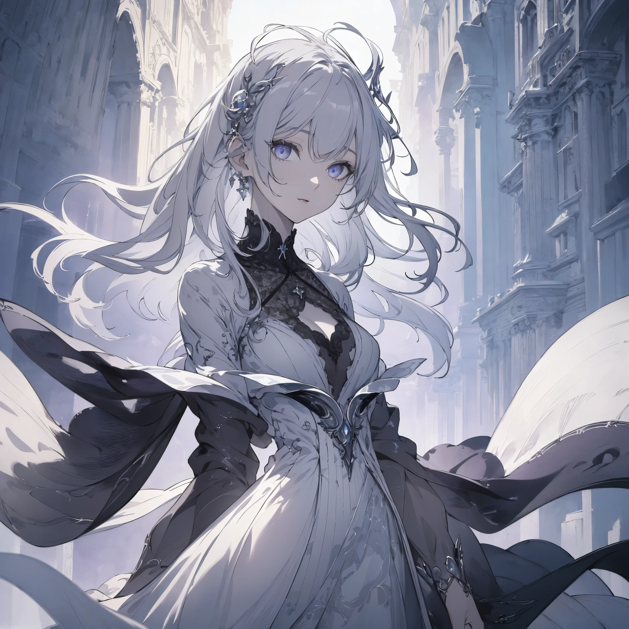 (Landscape photo, with a woman in the bottom right of photo:1.5, gray white background:1.5, fantasy), Masterpiece, best quality, (very detailed CG unity 8k wallpaper), (best quality), High definition RAW color art, Animation,sculptures, white Skin, (((Ultra detailed elegant))), Magical atmosphere, Detailed skin, Texture,(Intricately detailed, Fine detail, ultra-detail art), Silky Touch, Hyper Detail, beautiful eyes, elegant face, (upper body focus), silver hair, The wind is blowing, portrait, bracelet, pastel purple, enormous breast, gray clothing