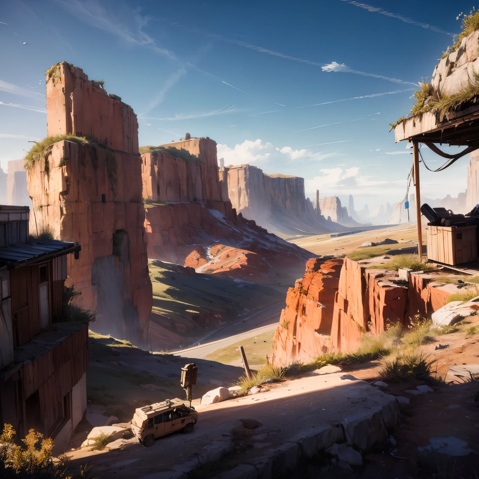 (8k, masterpiece, surreal), (Ultra-detailed and intricate), 1girl:1.3, in a post-apocalyptic wasteland, towering over the scene, absurd and tall, Discreet lighting illuminates the girl, casting dark shadows and subtle highlights, creating a mysterious aura. BREAK, A panoramic photograph captures wide-angle perspectives, showcasing breathtaking landscapes with breathtaking perspectives. In the foreground, boxes of ammunition and tank shells lay scattered, while in the distant, the bleak views of red rock canyons can be seen from a wooden shack. BREAK