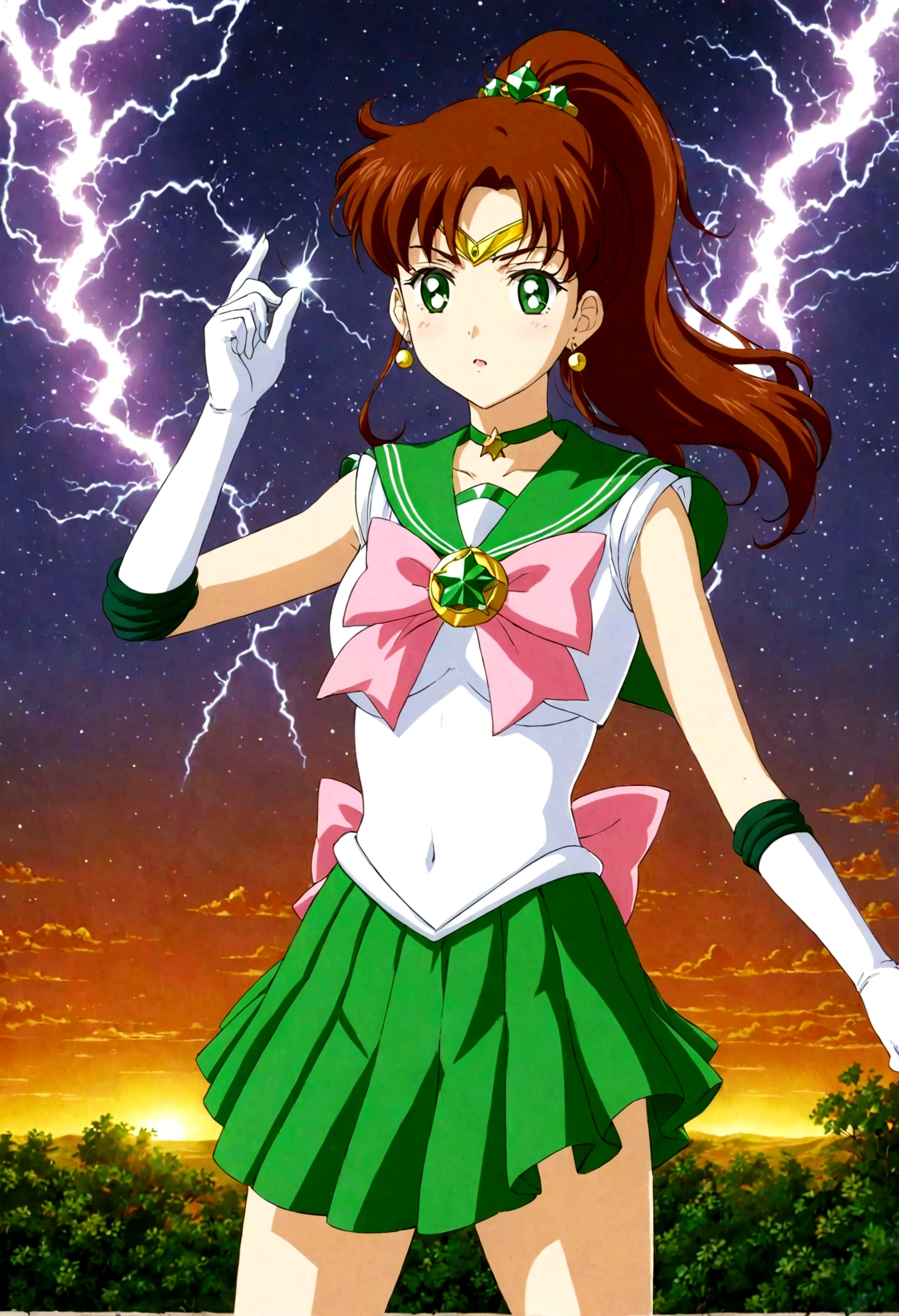 Sailor Jupiter bringing the thunder! masterpiece, best quality, 1girl, solo, looking at viewer, facing viewer, night, anime screencap,1990s \(style\), (art by Naoko Takeuchi), EPsmSailorJupiter, green eyes, brown hair, long hair, ponytail, hair ornament, hair bobbles, brooch, heart brooch, jewelry, tiara, choker, green choker, star choker, skirt, green skirt, pleated skirt, bow, back bow,  pink bow,  gloves, white gloves, elbow gloves, earrings, sailor collar, star (symbol), green sailor collar, sailor senshi uniform, cleavage, determined face, getting ready to fight, lighting bolts shooting from her tiara