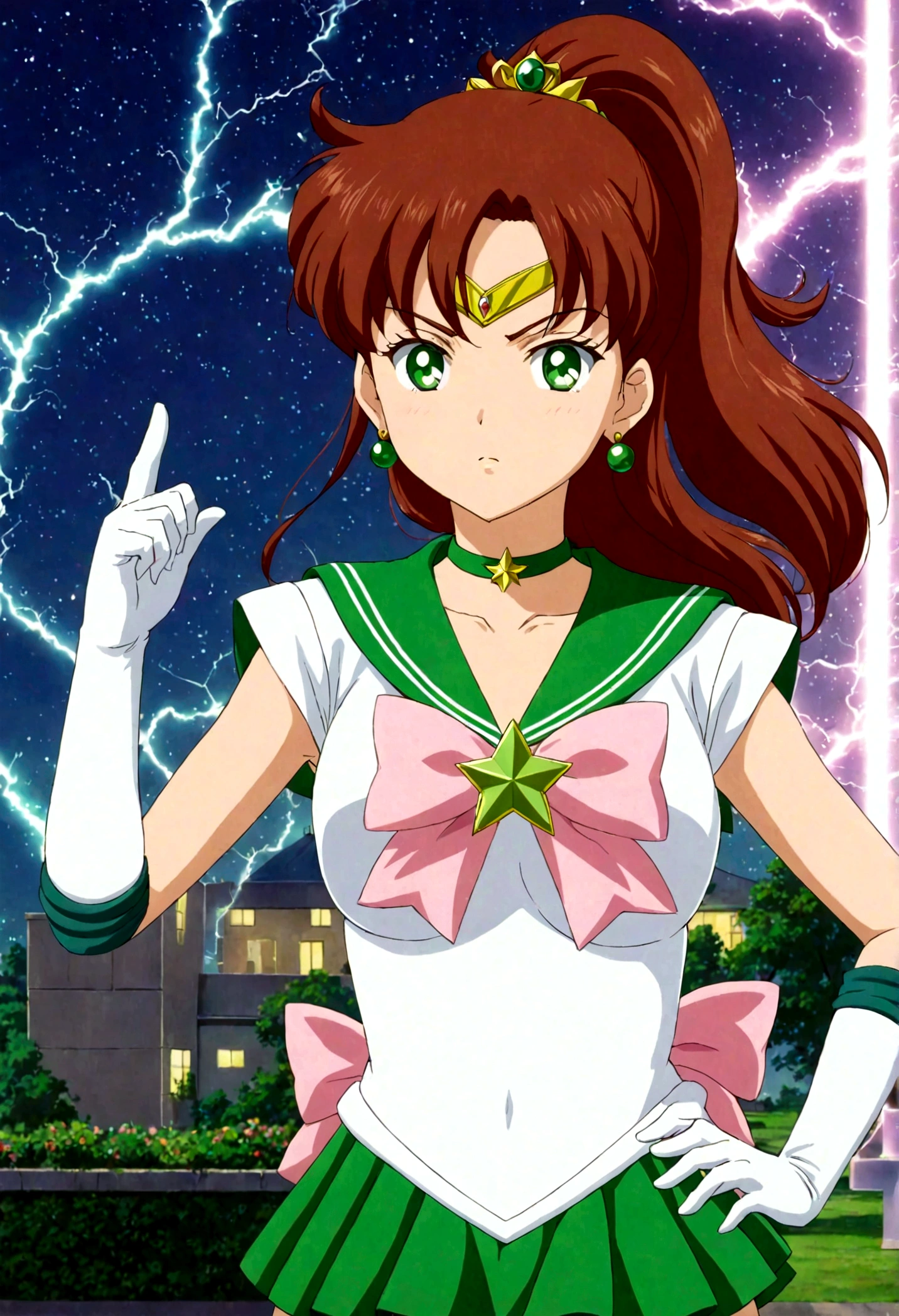 Sailor Jupiter bringing the thunder! masterpiece, best quality, 1girl, solo, looking at viewer, facing viewer, night, anime screencap,1990s \(style\), (art by Naoko Takeuchi), EPsmSailorJupiter, green eyes, brown hair, long hair, ponytail, hair ornament, hair bobbles, brooch, heart brooch, jewelry, tiara, choker, green choker, star choker, skirt, green skirt, pleated skirt, bow, back bow,  pink bow,  gloves, white gloves, elbow gloves, earrings, sailor collar, star (symbol), green sailor collar, sailor senshi uniform, cleavage, determined face, getting ready to fight, lighting bolts shooting from her tiara