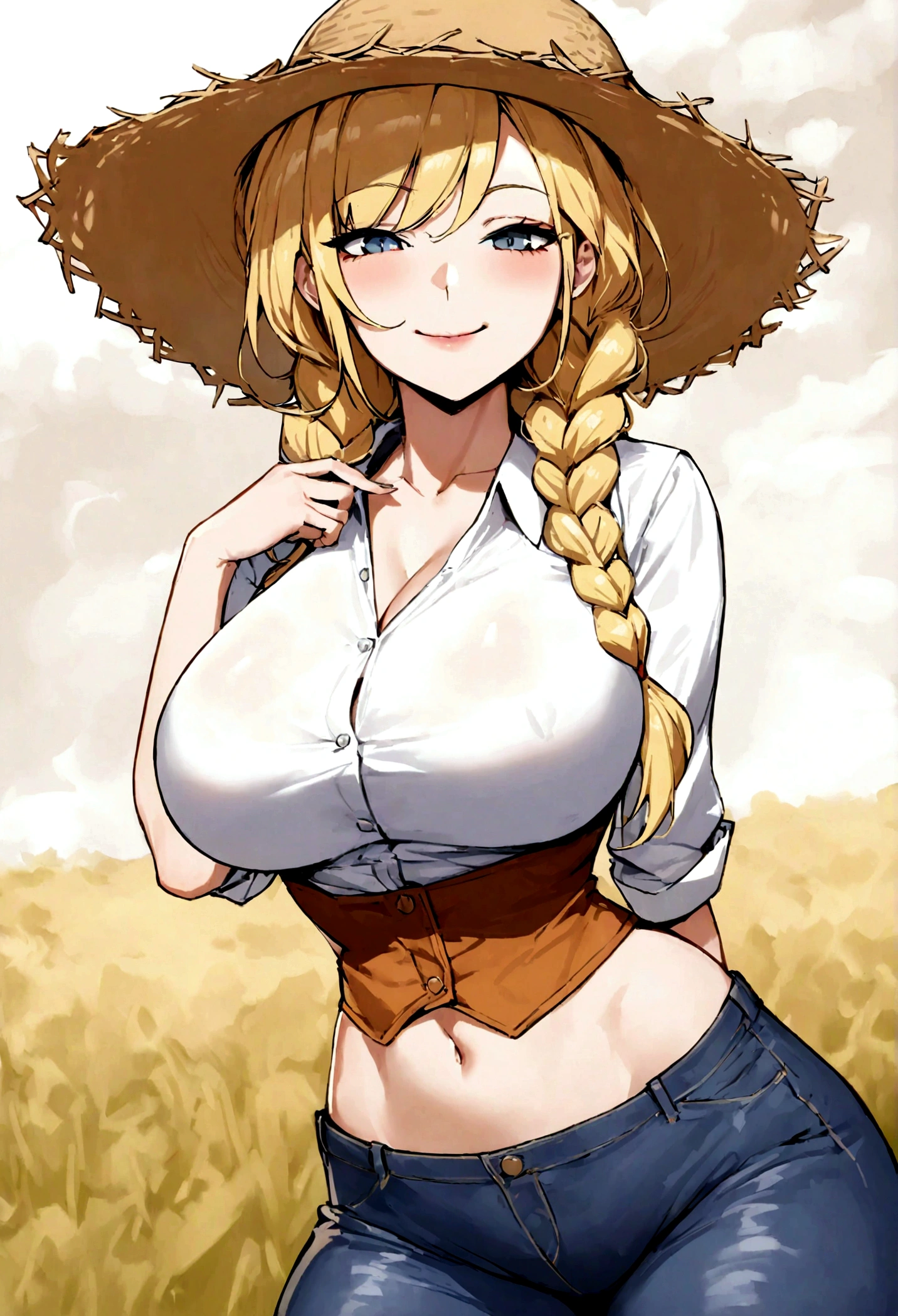 woman, large breast,farmer clothes, straw hat, cotton shirt, short jeans, double braid hair, blonde hair, seductive smile, exposed waist, white top, slender, 