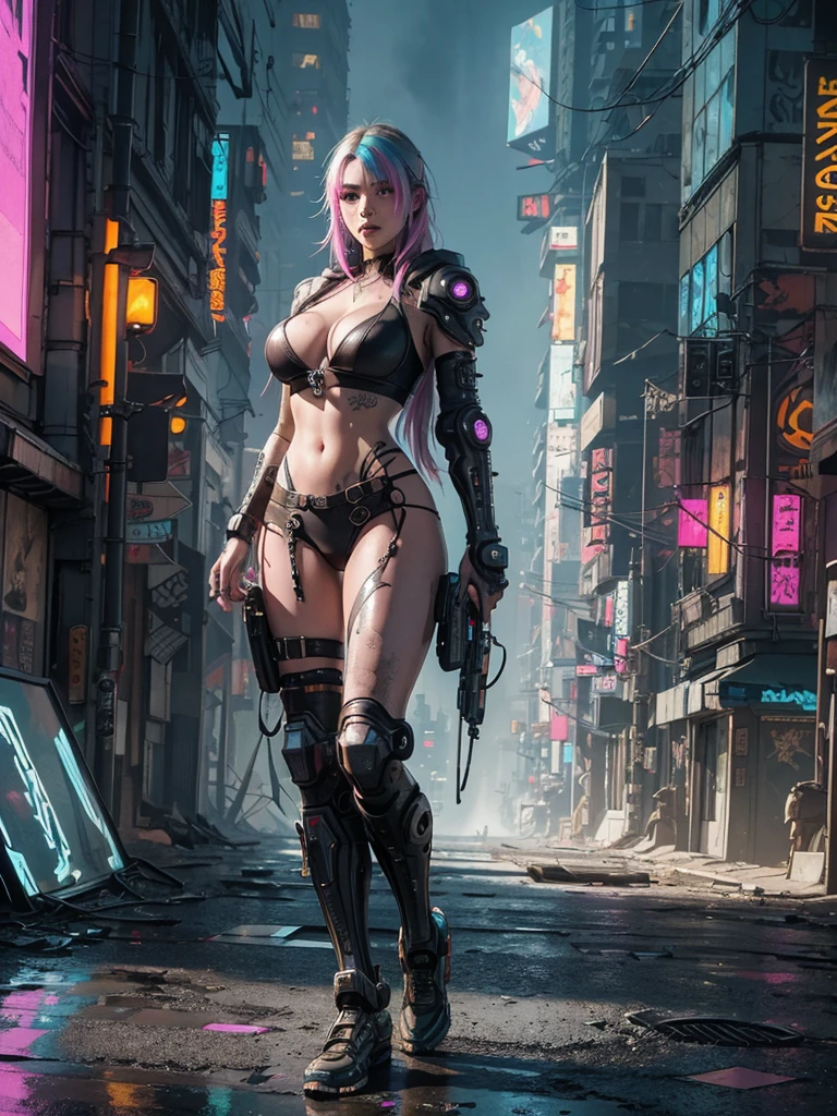 Unbeatable masterpiece, Ultra photo realsisim, Perfect Artwork, Intricate details, Best Quality, strong lights,High contrast,((Post apocalyptic futuristic Cyberpunk , outline):1.35) , ((masterpiece)),((Extremely detailed)) , ((extremely detailed and beautiful face)) , Smoky makeup, Perfectcomposition , intricate detailes , neon light , neon trim, (full body Esbian:1.25) , (Official art) , Very delicately beautiful cyberpunk girl, long rainbow colored hair blowing in the wind, vibrant yellow eyes, long detailed eyelashes, huge enormously gigantic tits, cleavage showing, wearing highly detailed futuristic hooded battle armor, tons of tattoos and piercings(1girl:1.3) , Solo , (glass screen:1.2) , (Clear glass) , Tindall Effect , Colorful refraction , visual impact , (High light contrast) , Colorful , Melt , (Cyberpunk:1.2) ,(flinch :1.4) ,