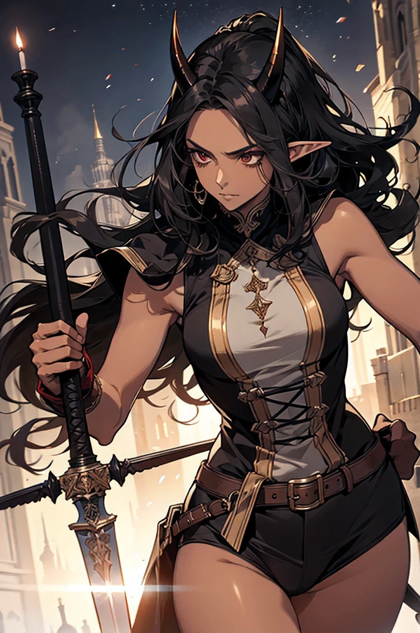 adult, brown skin, sexy, older woman, serious, tall, brown skin, demon wing, black hair, elf ears, horns, queen, fantasy, swords, sleeveless, dark